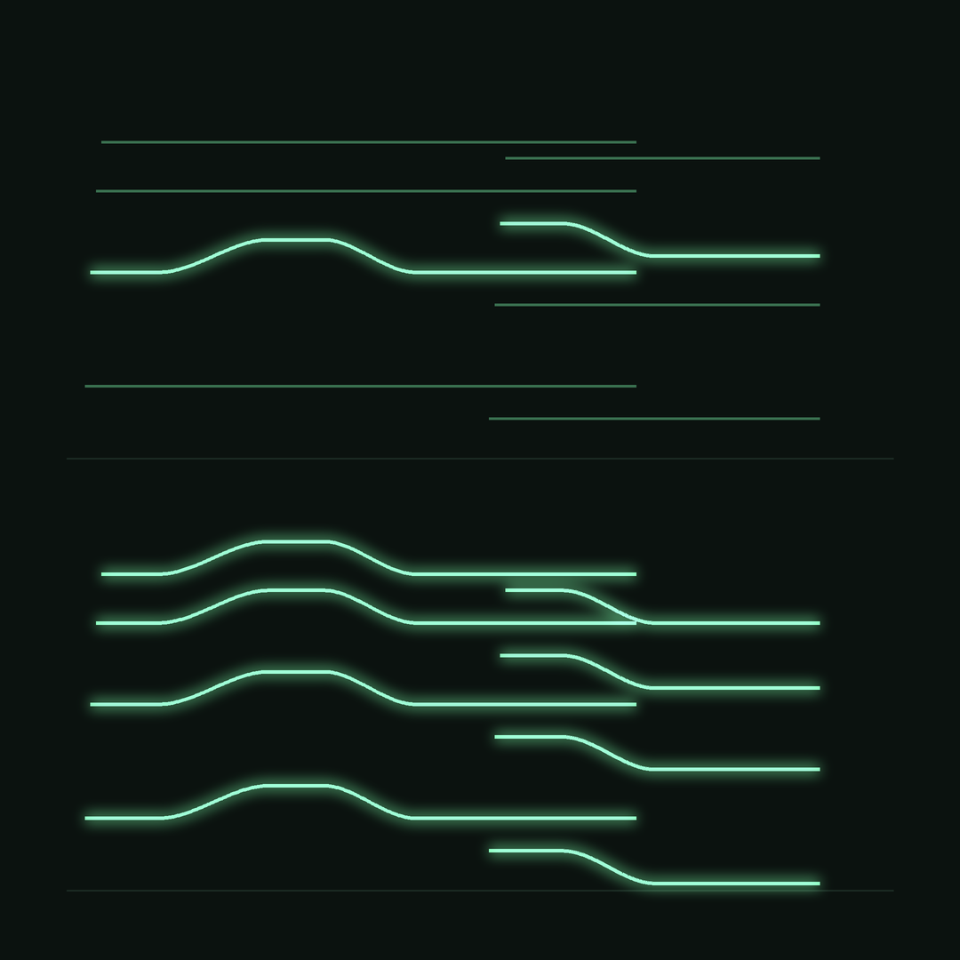 Abstrakte Grafik: Tonhöhenspuren eines Akkords, oben biegt sich eine Note, unten alle, quadratisch